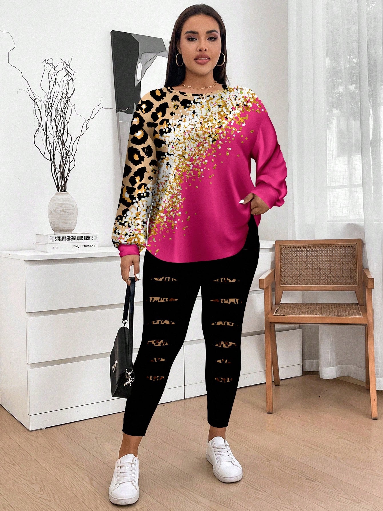 Conjunto Feminino Camiseta Listrada e Legging - Mirna Plus Size