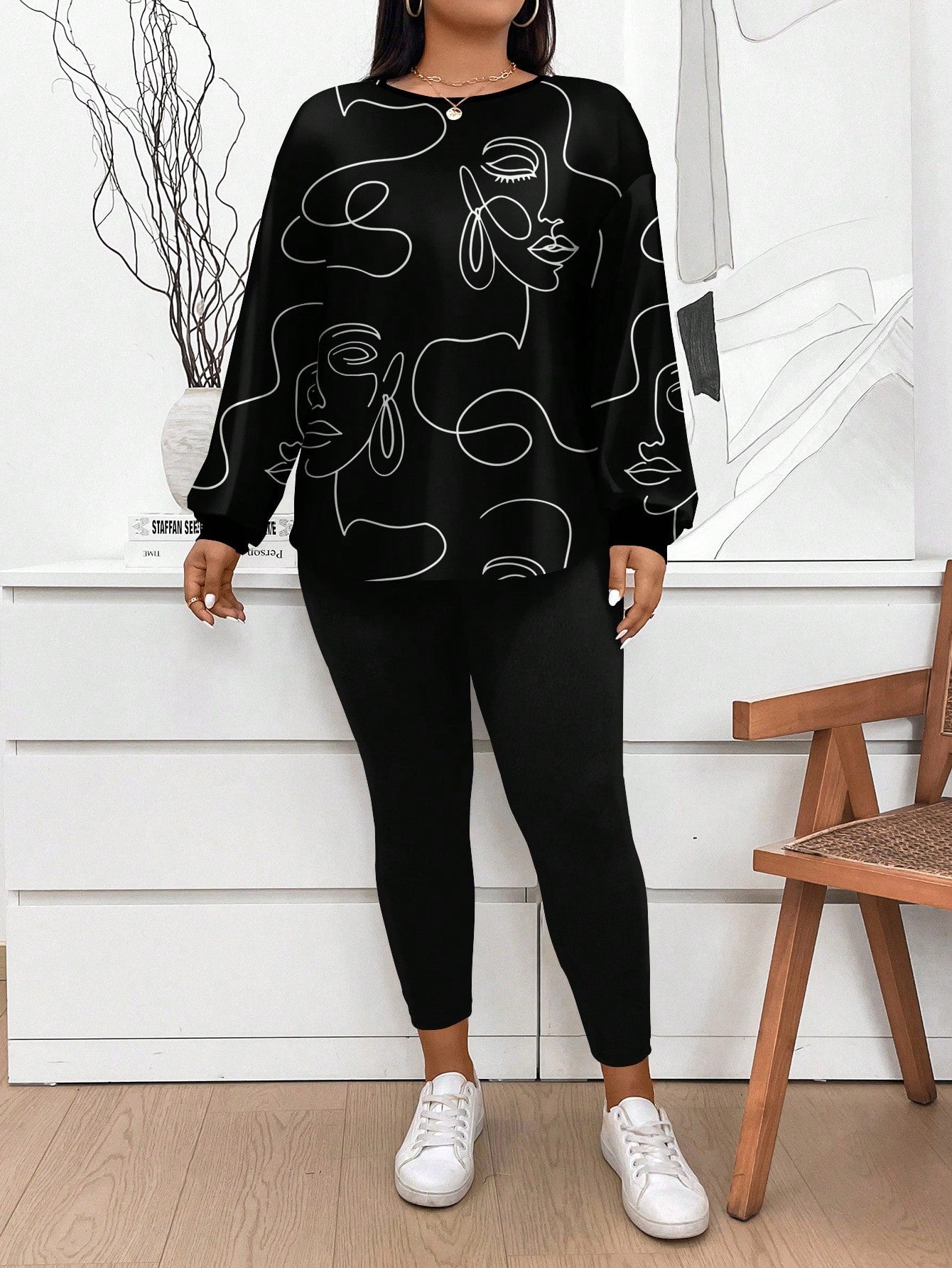 Conjunto Feminino Camiseta Listrada e Legging - Mirna Plus Size