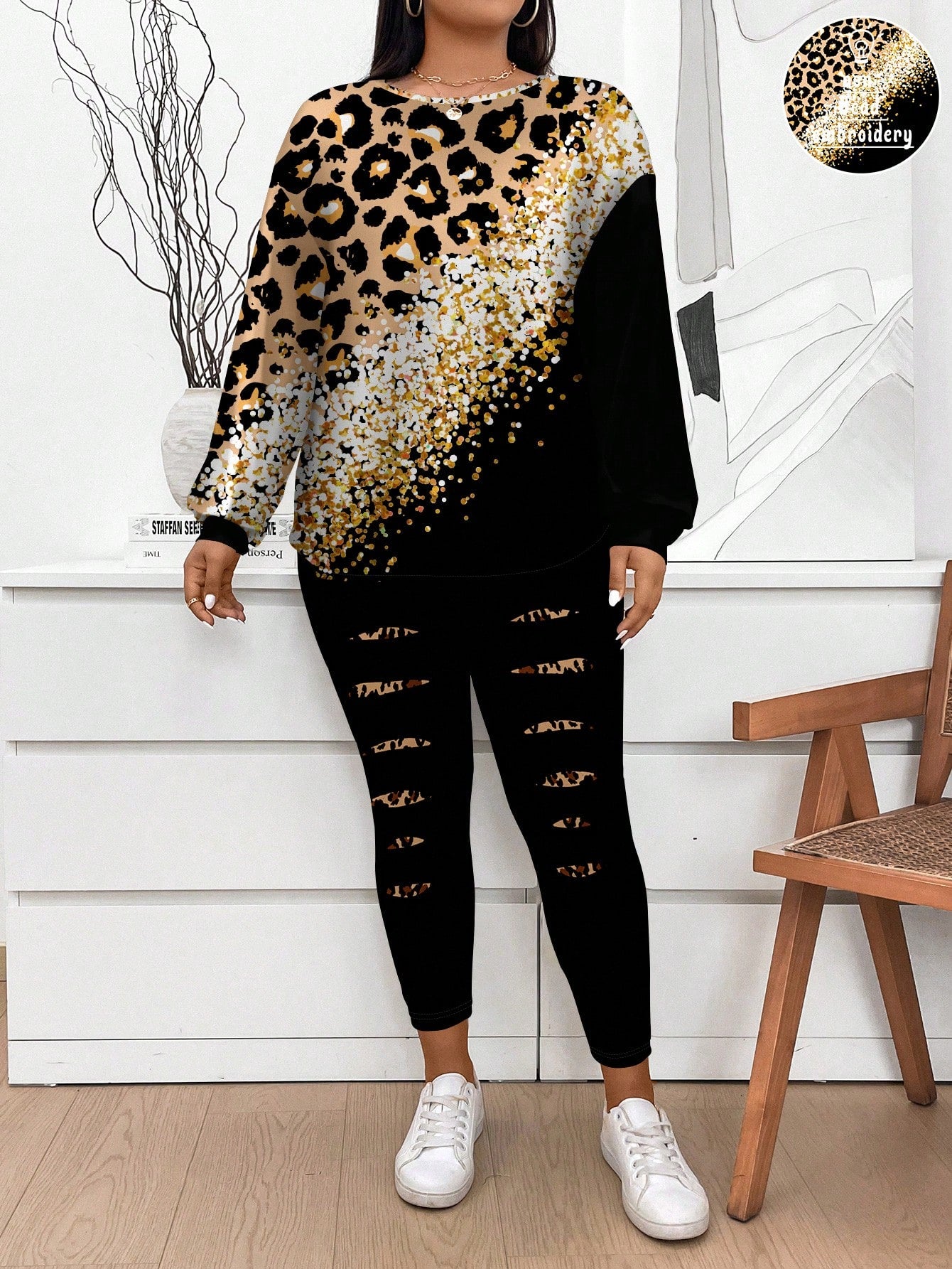 Conjunto Feminino Camiseta Listrada e Legging - Mirna Plus Size