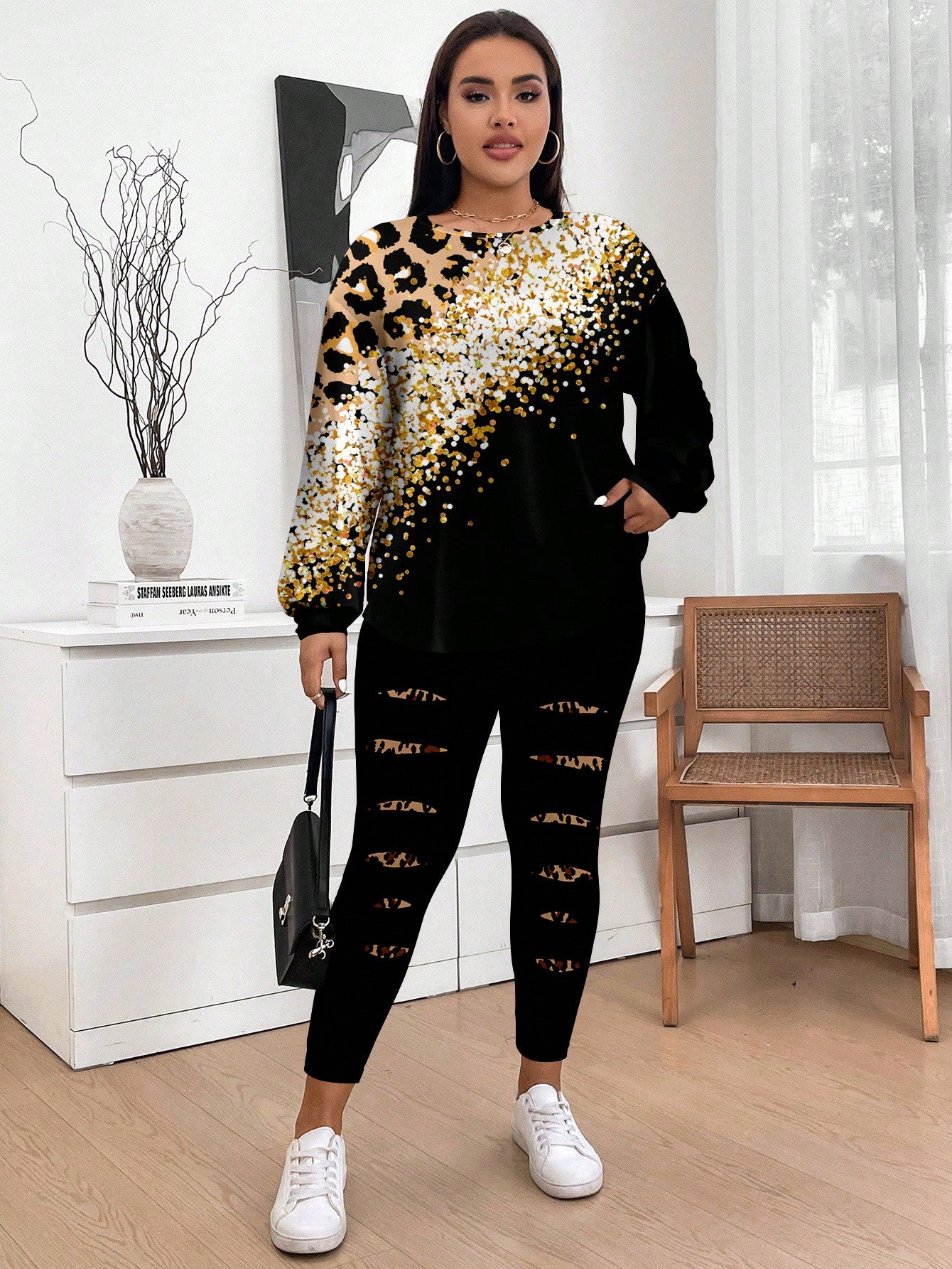 Conjunto Feminino Camiseta Listrada e Legging - Mirna Plus Size