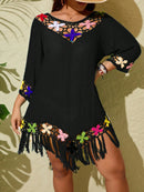 Saída de Banho Feminina Solta de Manga Média em Tricô e Franjas - Jelis. Plus Size