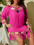 Saída de Banho Feminina Solta de Manga Média em Tricô e Franjas - Jelis. Plus Size