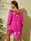 Saída de Banho Feminina Solta de Manga Média em Tricô e Franjas - Jelis. Plus Size