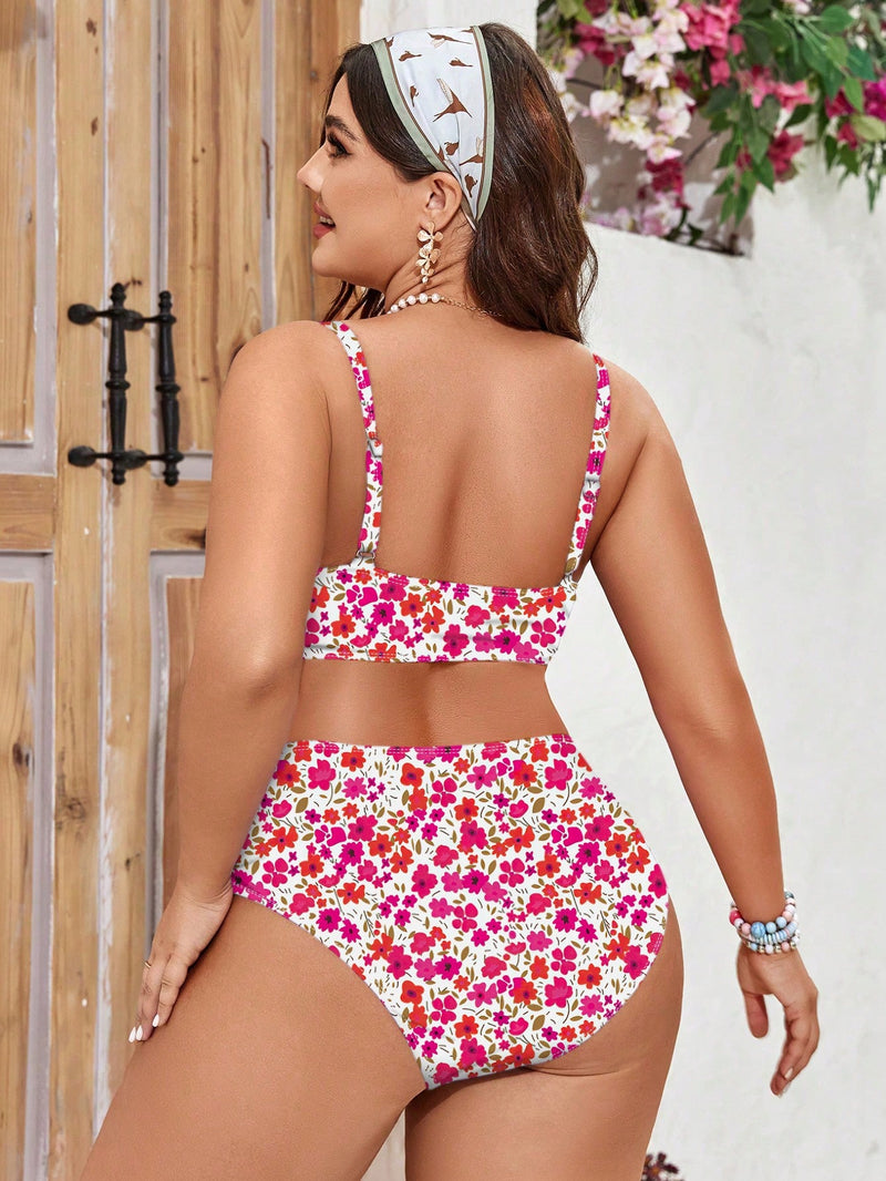 Biquíni feminino cintura alta, estampa floral Lea. Plus Size