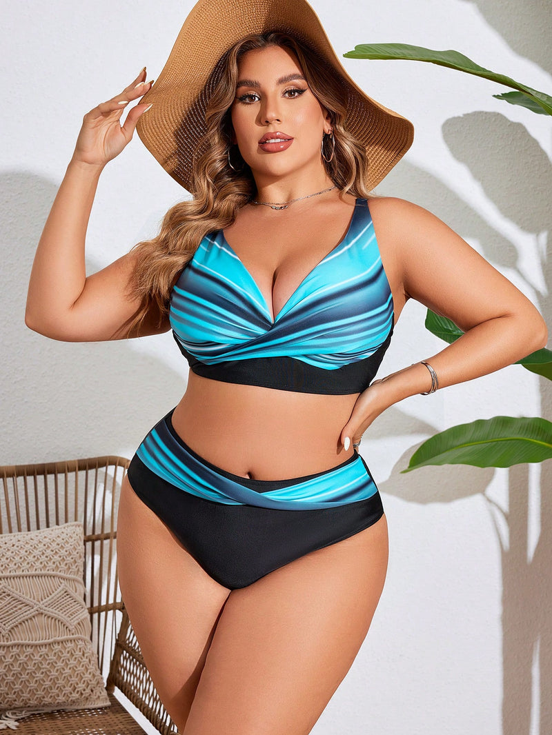 Biquíni feminina Top com estampa degradê e cintura alta cruzada - Chloe Plus Size.