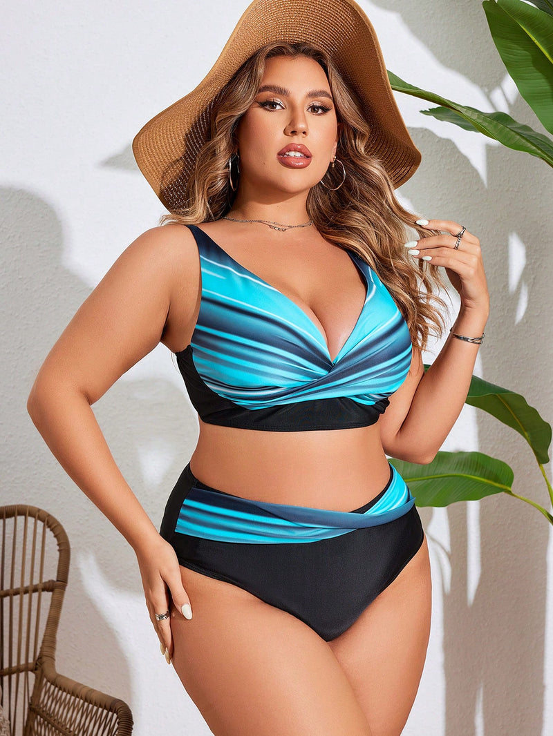 Biquíni feminina Top com estampa degradê e cintura alta cruzada - Chloe Plus Size.