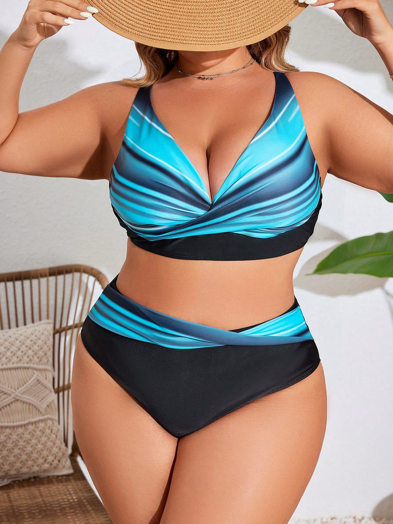 Biquíni feminina Top com estampa degradê e cintura alta cruzada - Chloe Plus Size.