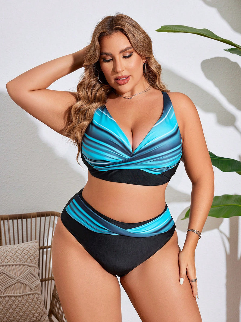 Biquíni feminina Top com estampa degradê e cintura alta cruzada - Chloe Plus Size.