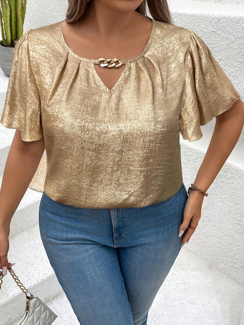 Blusa feminina com tecido metalizado e detalhe de corrente Galiz, Plus Size