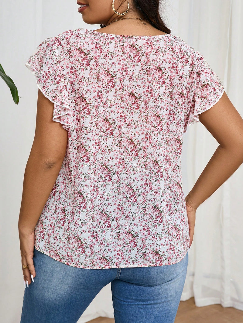 Blusa Feminina Floral com Decote V e Detalhe Charmoso - Adriana. Plus Size