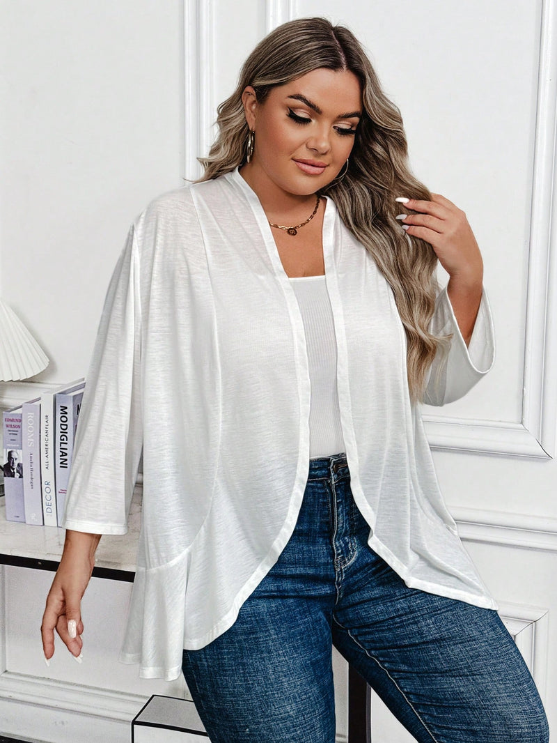 Cardigan Feminino Branco com Corte Solto e Mangas 3/4 - Lia. Plus Size