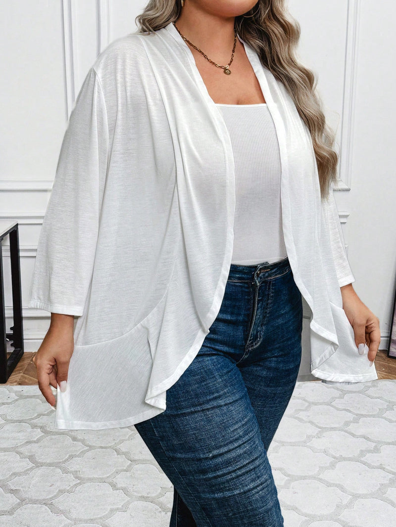 Cardigan Feminino Branco com Corte Solto e Mangas 3/4 - Lia. Plus Size