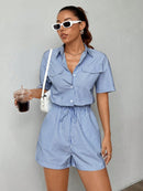 Macaquinho feminino com elastico na cintura e estampa listrada Lucia