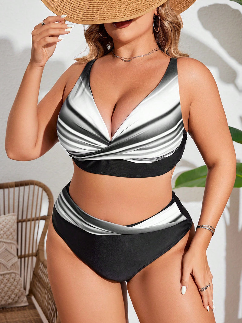 Biquíni feminina Top com estampa degradê e cintura alta cruzada - Chloe Plus Size.