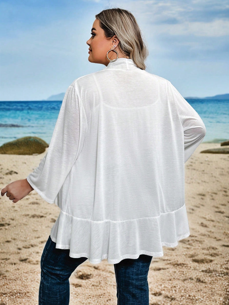 Cardigan Feminino Branco com Corte Solto e Mangas 3/4 - Lia. Plus Size