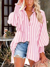 Camisa Feminina Listrada, Lavada e Manga Lanterna - Nyna. Plus Size