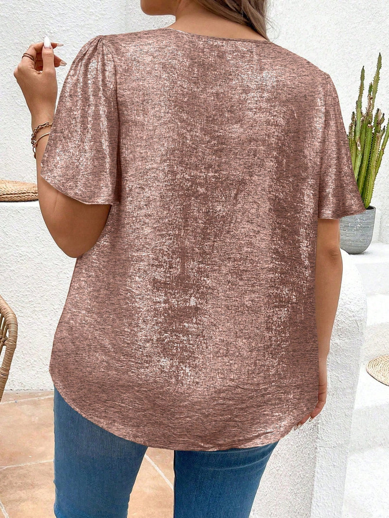 Blusa feminina com tecido metalizado e detalhe de corrente Galiz, Plus Size