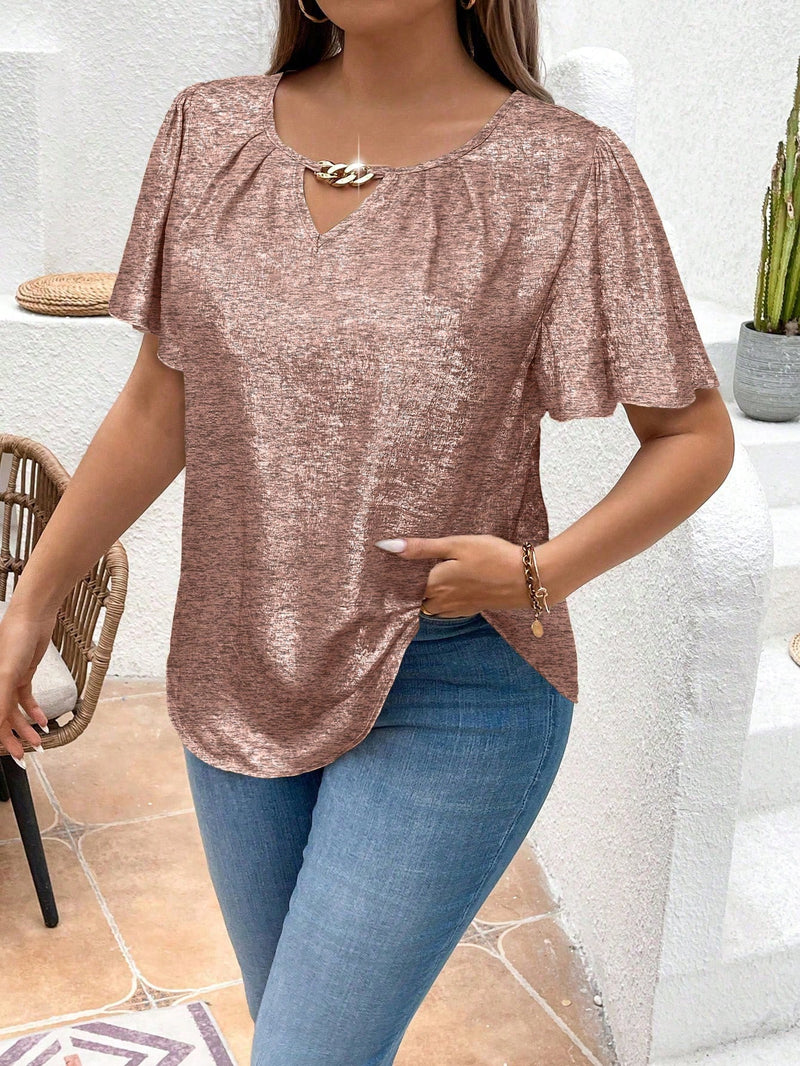 Blusa feminina com tecido metalizado e detalhe de corrente Galiz, Plus Size