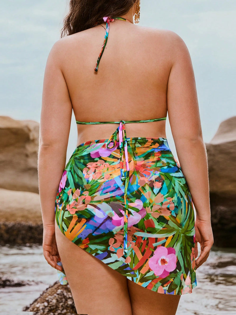 Biquini feminino estampado cintura alta com saída de praia Haila. Plus Size