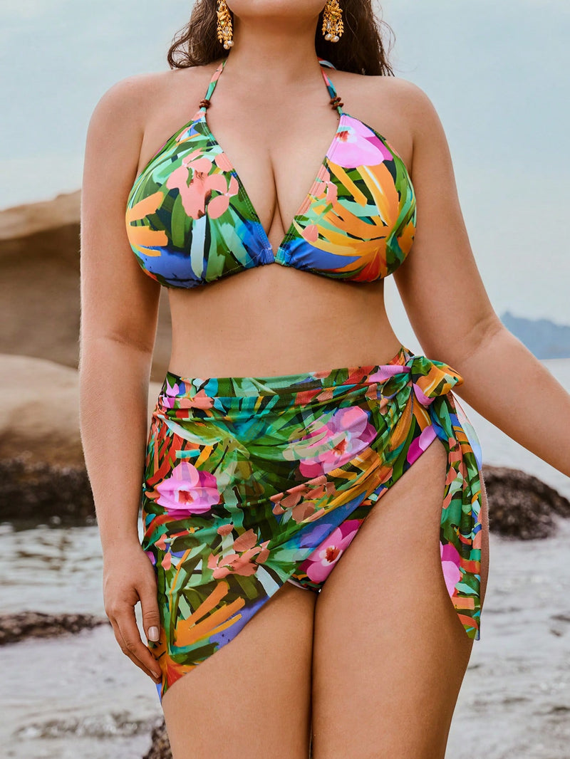 Biquini feminino estampado cintura alta com saída de praia Haila. Plus Size