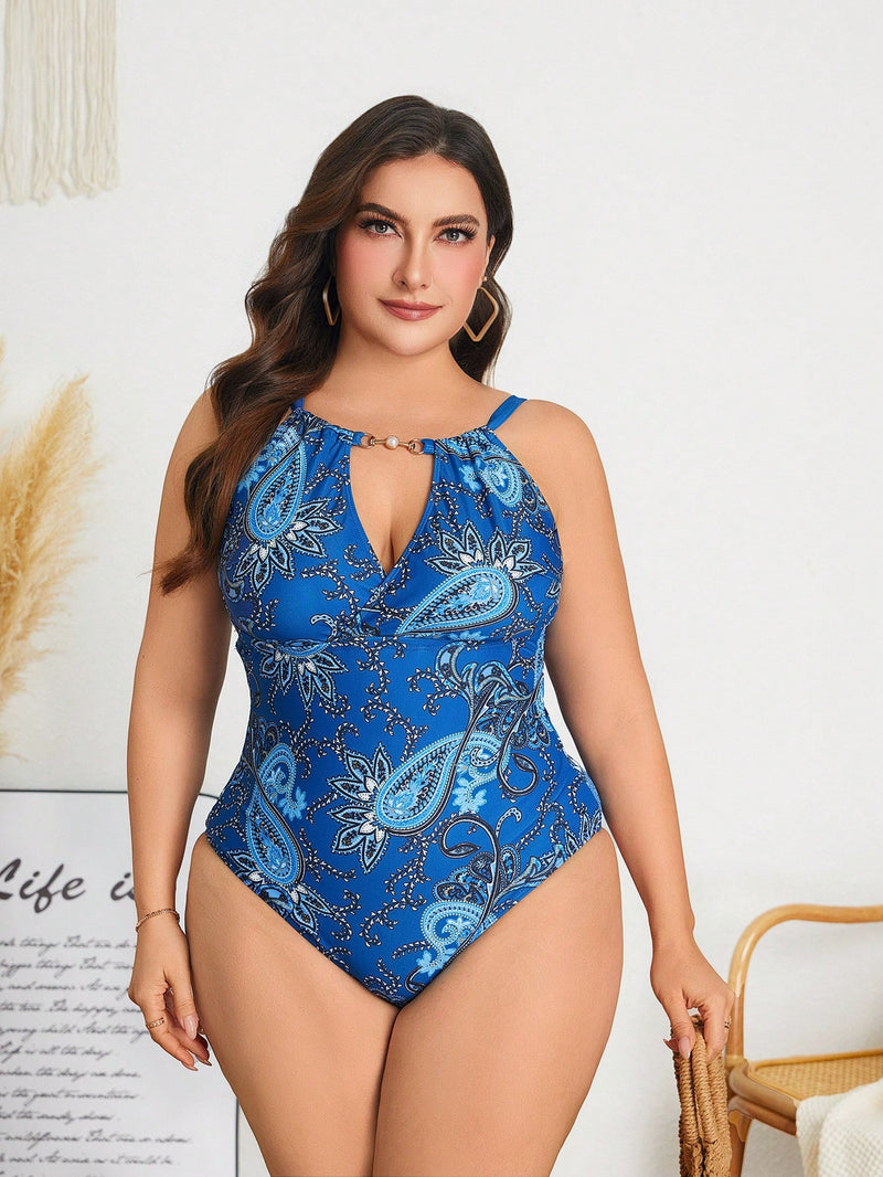 Maiô Feminino com Estampa Paisley e Detalhe em Pérolas - Luana. Plus Size