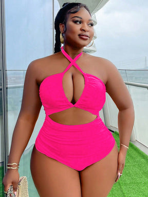 Maiô Feminino com Decote Halter e Recortes Vazados - Alana. Plus Size