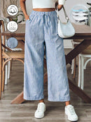 Calça feminina listrada de algodão com bolsos laterais Gracia