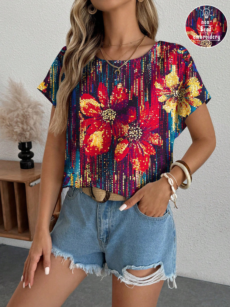 Blusa feminina de gola redonda com lantejoulas Alanna