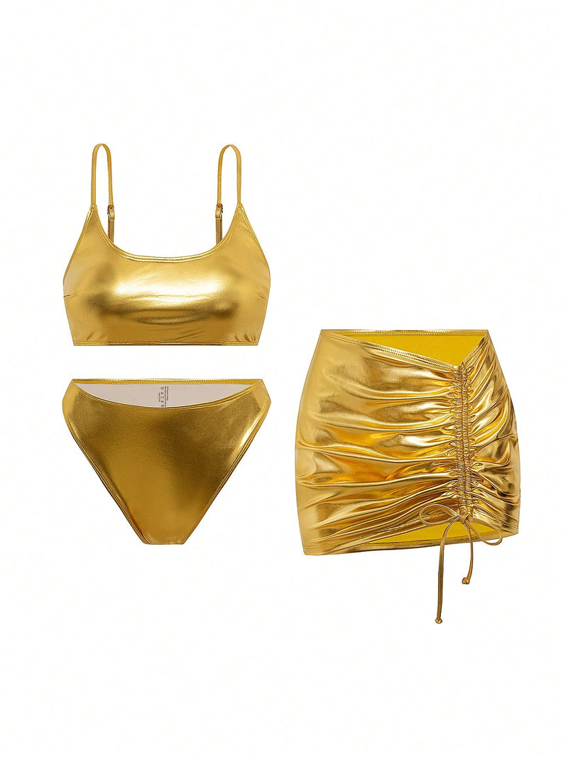 Biquini feminino com saída de praia dourado Tanny