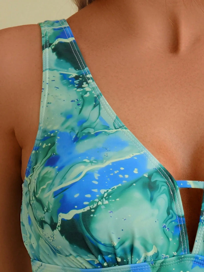 Maiô Feminino com Laço no Busto Estampado de Mármore - Jhuly