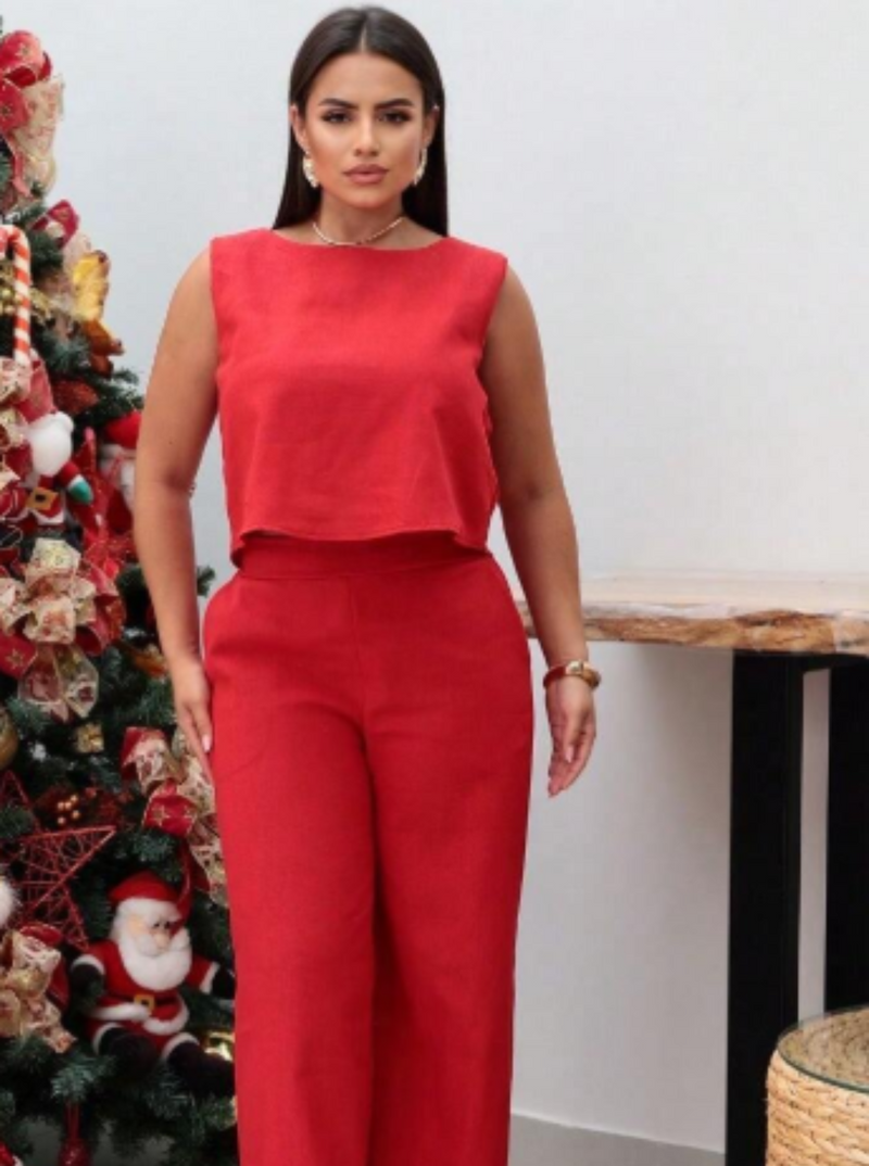 Conjunto feminino de blusa manga curta e calça Telma.