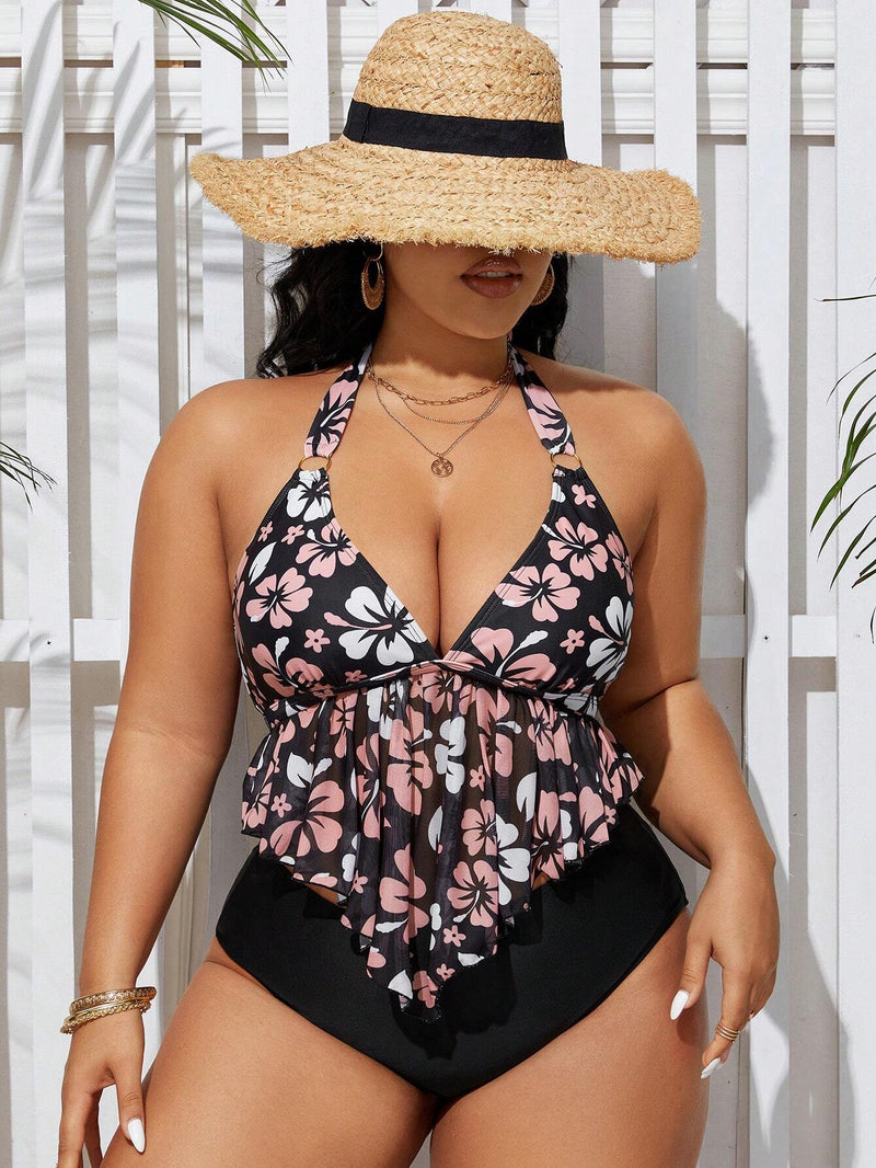 Biquíni Feminino cintura alta com babado Floral Plus Size