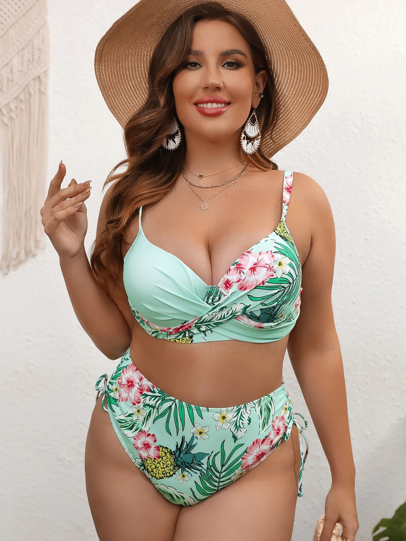 Biquini Feminino De Alças Finas Com Estampa Tropical Kelly Plus Size. Flash