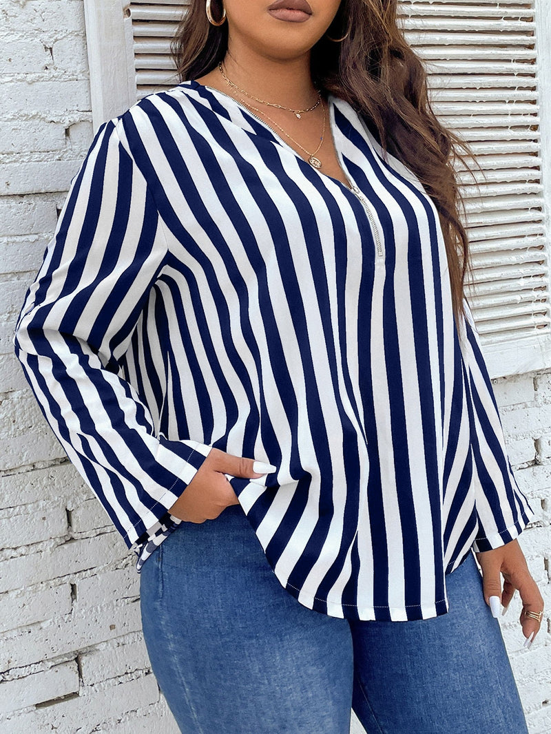 Blusa Feminina Listrada com Zipper decote em V. Plus Size