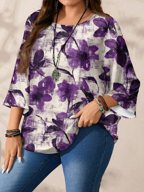 Blusa Feminina folgada de gola redonda de Manga 3/4 - Naiara. Plus Size