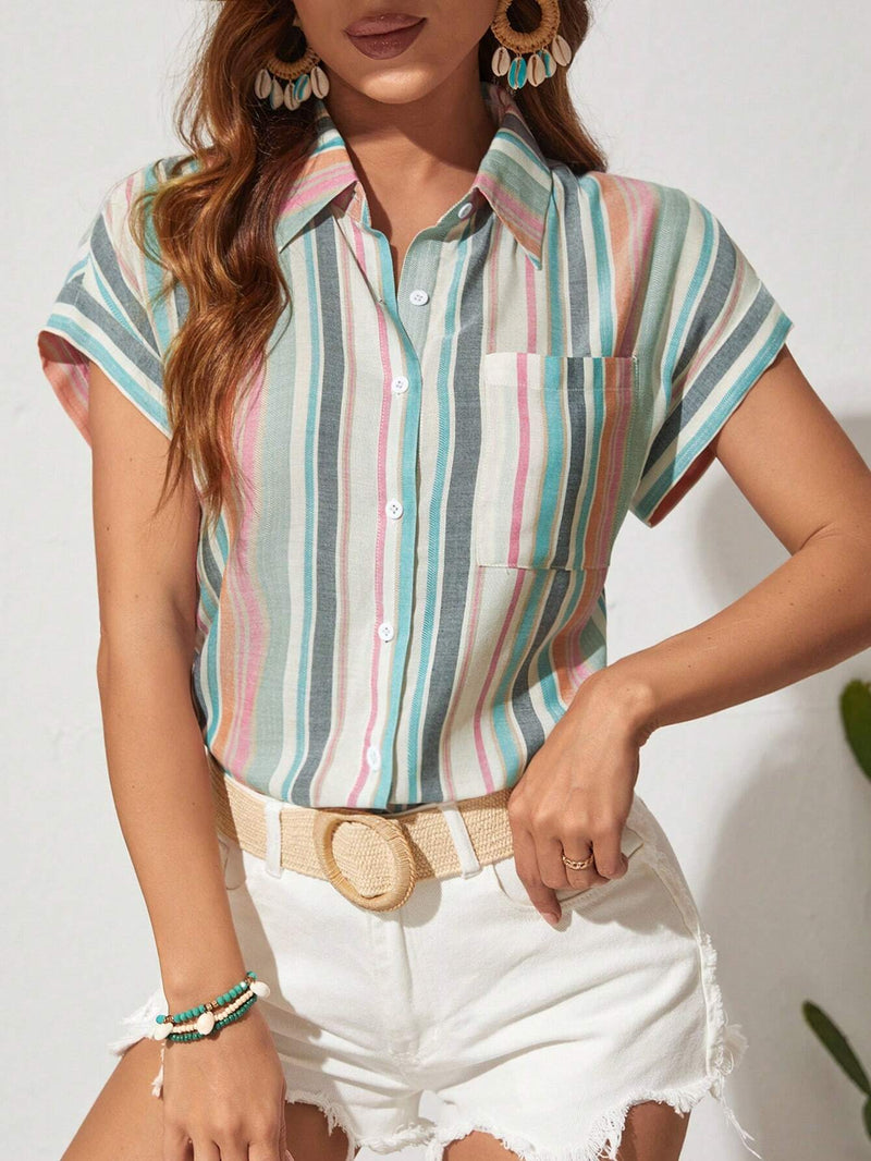 Camisa Feminina Listrada Com Botões Frontais - Leoni