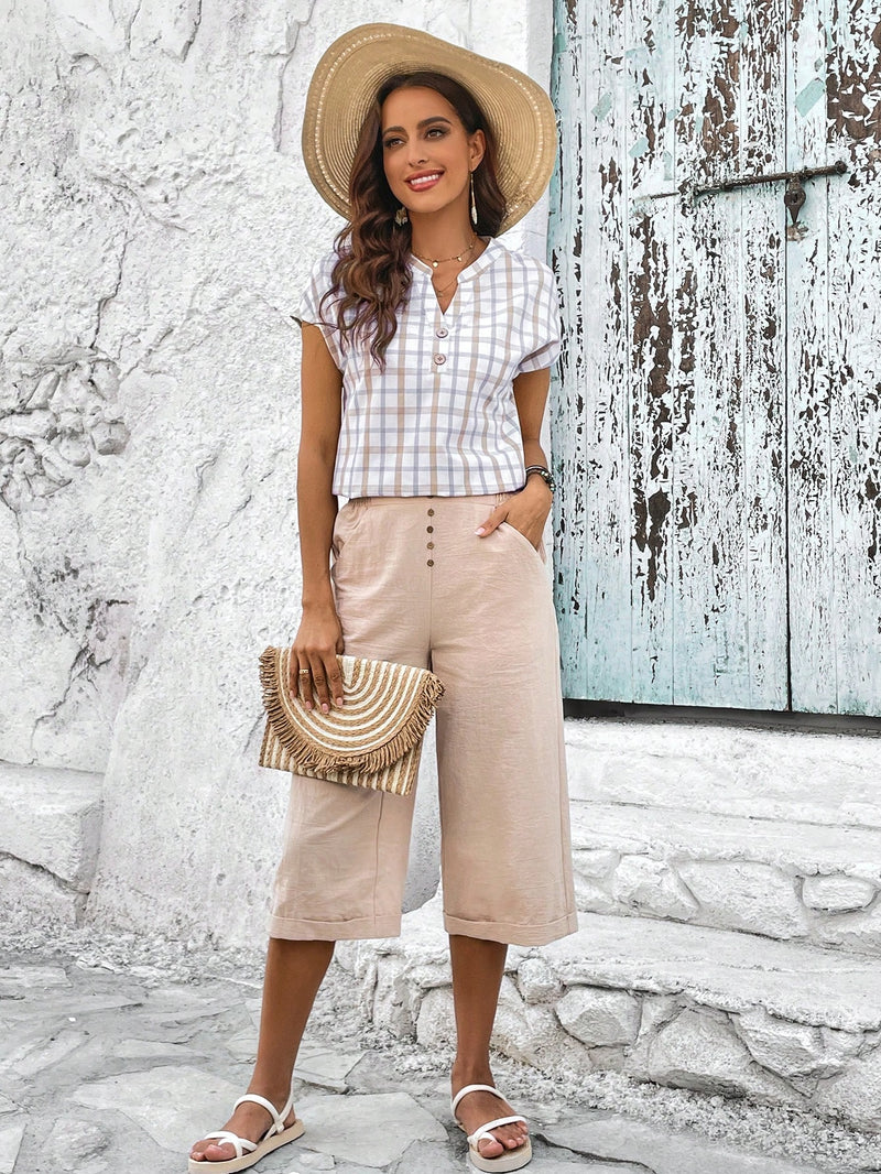 Camisa Feminina Xadrez com Decote Entalhe - Elane