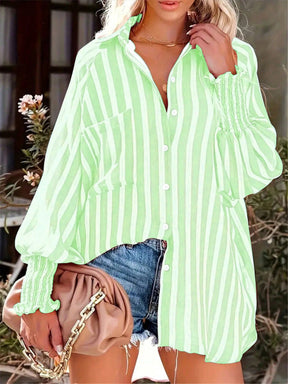 Camisa Feminina Listrada, Lavada e Manga Lanterna - Nyna. Plus Size