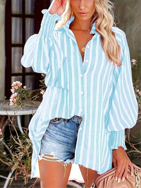 Camisa Feminina Listrada, Lavada e Manga Lanterna - Nyna. Plus Size