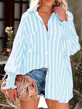 Camisa Feminina Listrada, Lavada e Manga Lanterna - Nyna. Plus Size