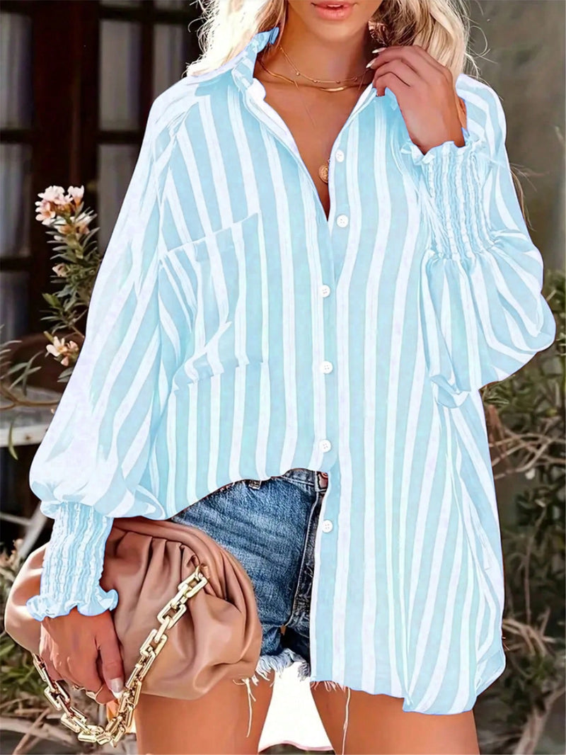 Camisa Feminina Listrada, Lavada e Manga Lanterna - Nyna. Plus Size
