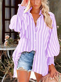 Camisa Feminina Listrada, Lavada e Manga Lanterna - Nyna. Plus Size