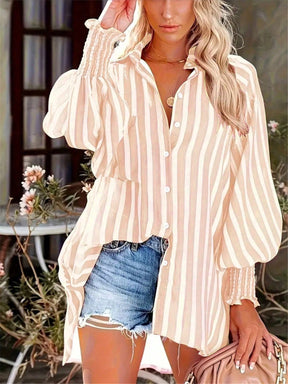 Camisa Feminina Listrada, Lavada e Manga Lanterna - Nyna. Plus Size
