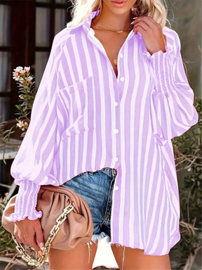 Camisa Feminina Listrada, Lavada e Manga Lanterna - Nyna. Plus Size
