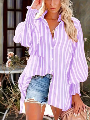 Camisa Feminina Listrada, Lavada e Manga Lanterna - Nyna. Plus Size