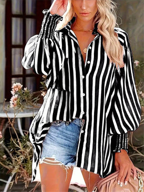 Camisa Feminina Listrada, Lavada e Manga Lanterna - Nyna. Plus Size