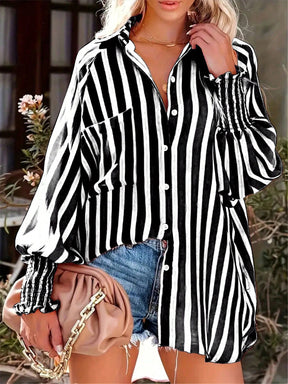 Camisa Feminina Listrada, Lavada e Manga Lanterna - Nyna. Plus Size