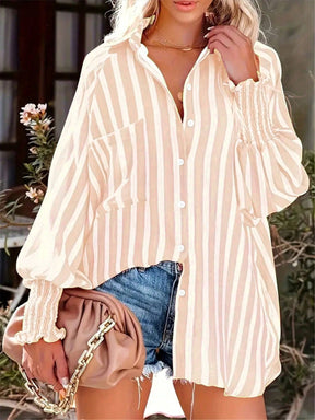 Camisa Feminina Listrada, Lavada e Manga Lanterna - Nyna. Plus Size