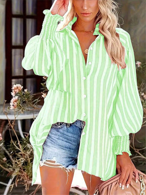Camisa Feminina Listrada, Lavada e Manga Lanterna - Nyna. Plus Size