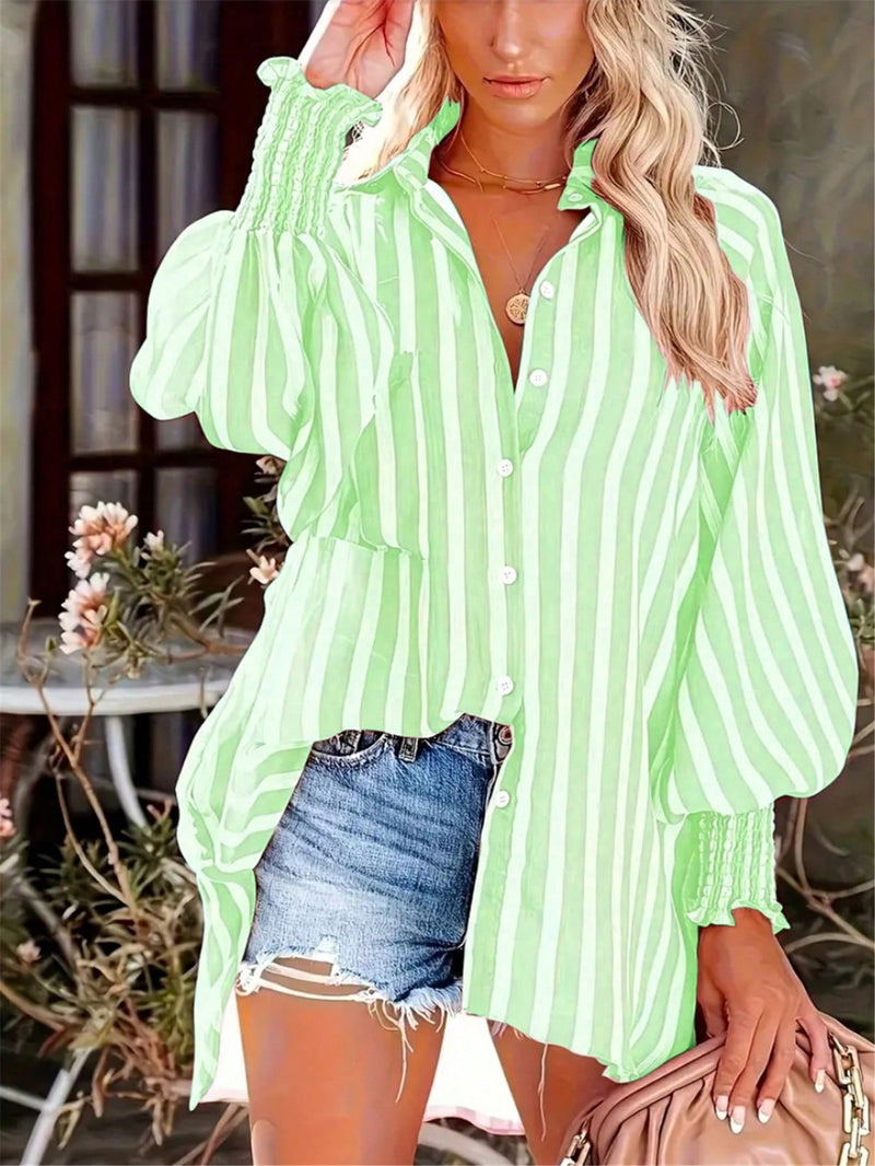 Camisa Feminina Listrada, Lavada e Manga Lanterna - Nyna. Plus Size